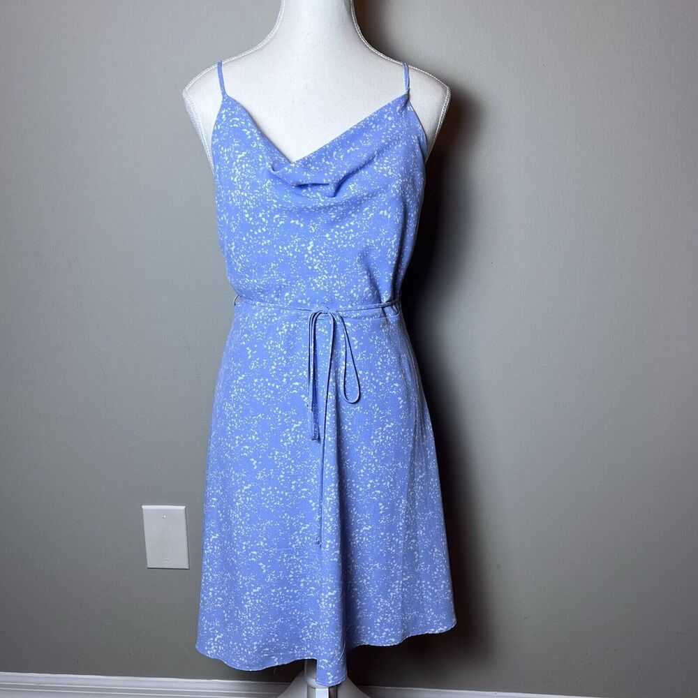 GB Gianni Bini Blue White Cowl Neck Dress Size L Large Spaghetti Straps Midi